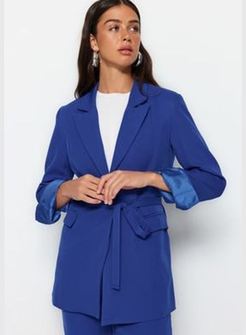 Blue Lacing Detailed Crepe Jacket-Pants Woven Bottom-Top Set TCTSS23US00044