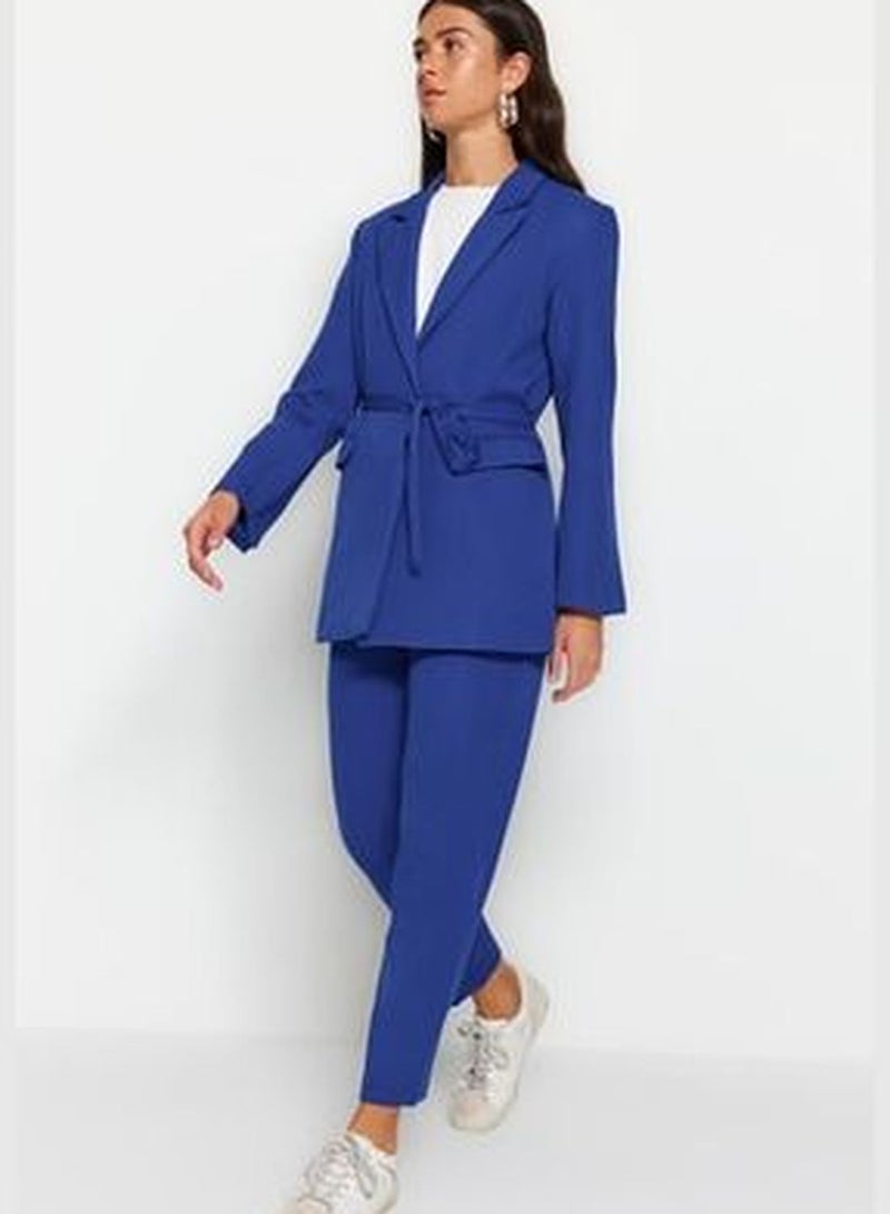 Blue Lacing Detailed Crepe Jacket-Pants Woven Bottom-Top Set TCTSS23US00044