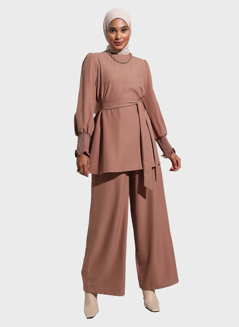 Puff Sleeve Ruched Tie Detail Top& Pants Set