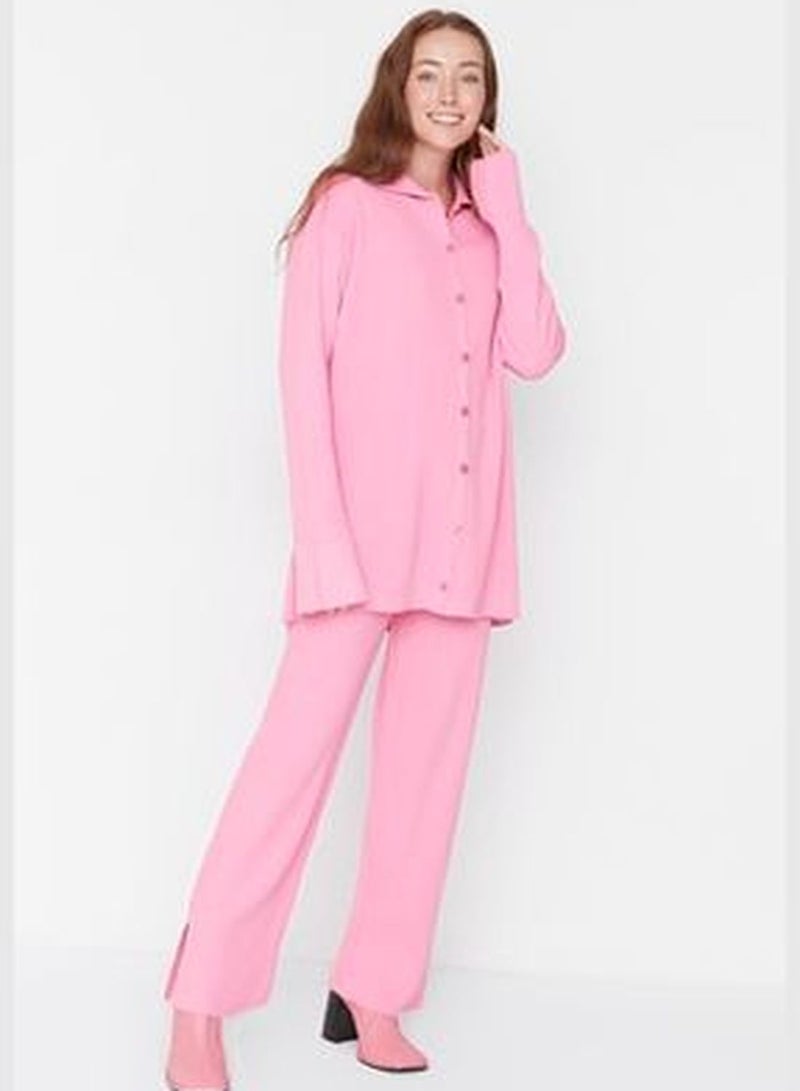 Pink Slit Detailed Cardigan-Pants Knitwear Set TCTAW23US00028