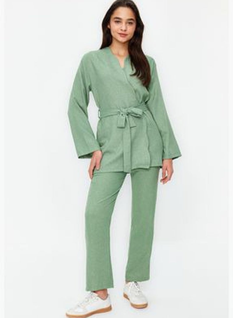 Khaki Linen Look Kimono Trousers Woven Suit TCTSS24US00005