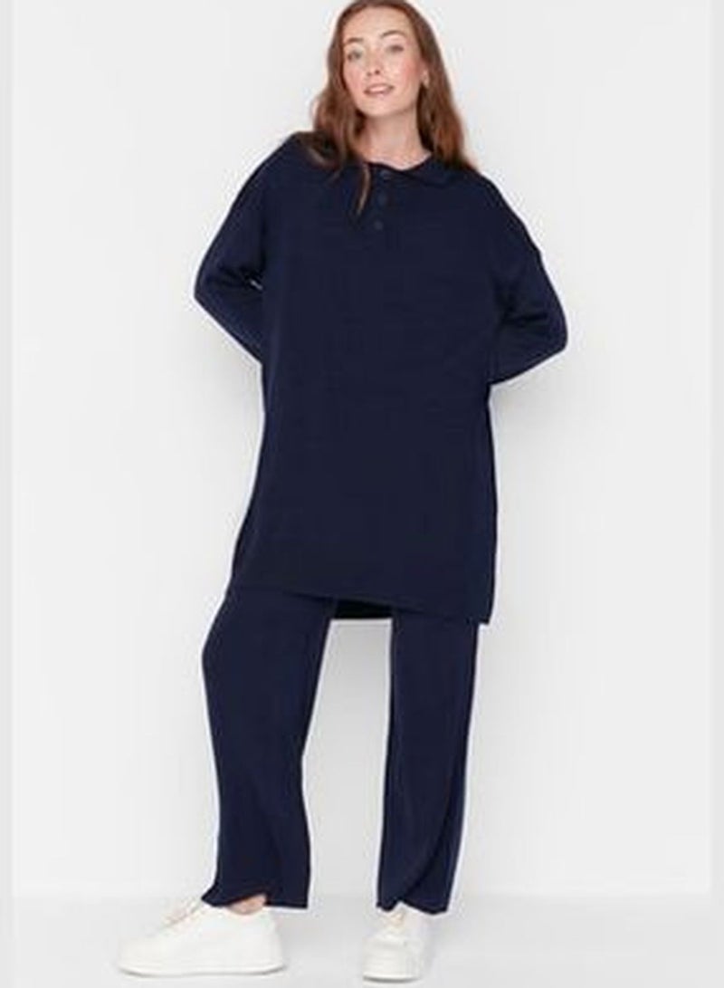 Navy Blue Polo Collar Tunic-Pants Knitwear Suit TCTAW22US0076