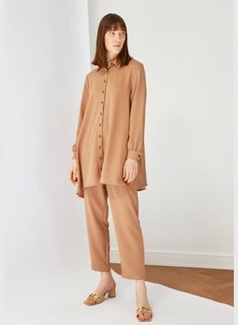 Dark Beige Sleeve Detailed Shirt-Pants Weave Suit TCTSS21AU0241