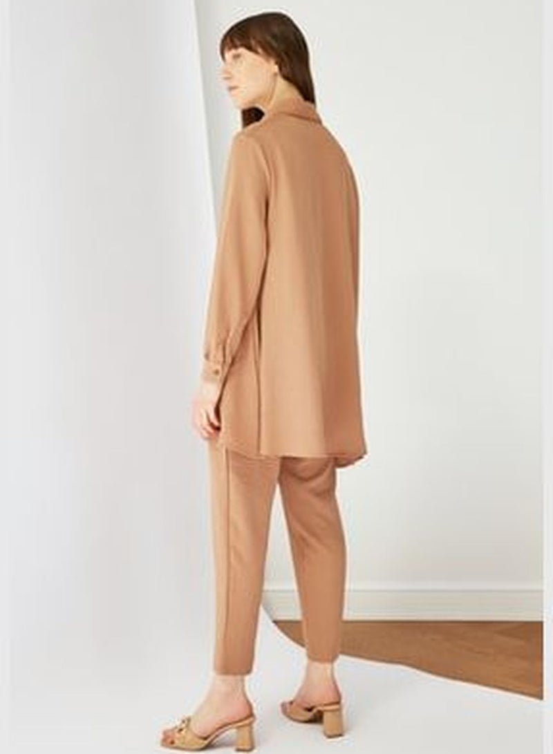 Dark Beige Sleeve Detailed Shirt-Pants Weave Suit TCTSS21AU0241