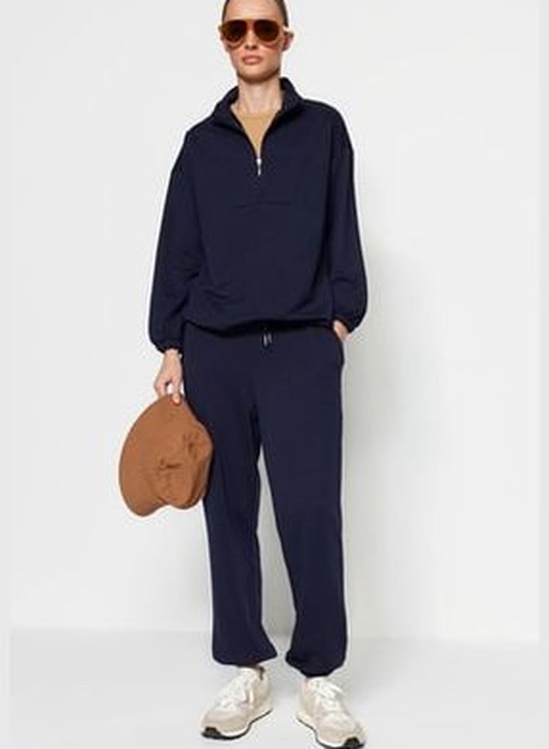 Navy Blue Zipper Stand-Up Collar Hem with Smocking, Knitted Tracksuit Set TCTAW22EN0051