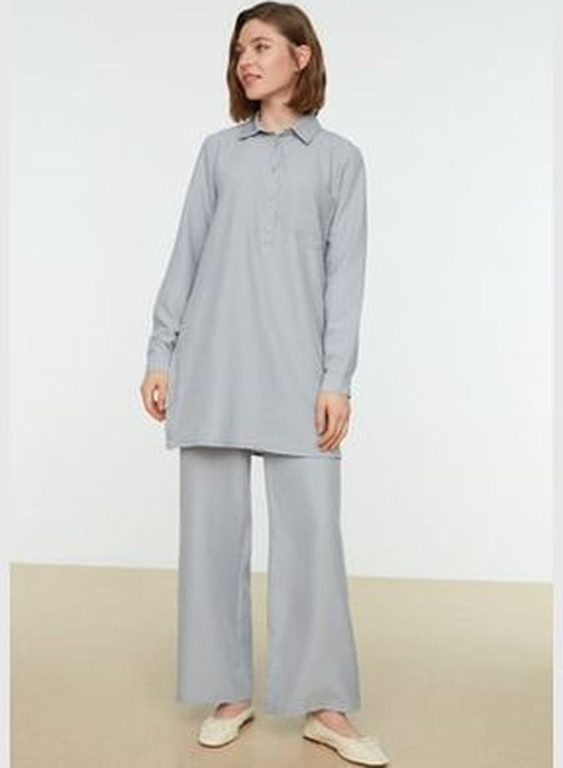Gray Half Pats with Snap Fastener, Wide Leg Tunic-Pants, Woven Suit TCTSS22US0081