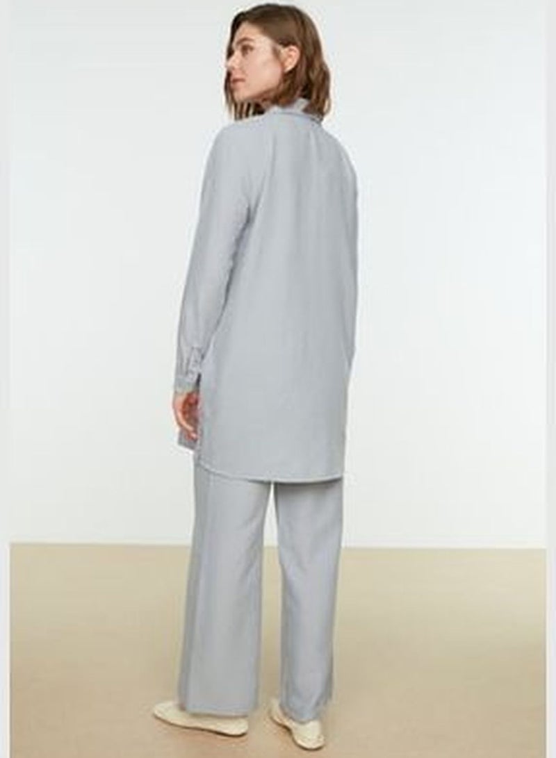 Gray Half Pats with Snap Fastener, Wide Leg Tunic-Pants, Woven Suit TCTSS22US0081