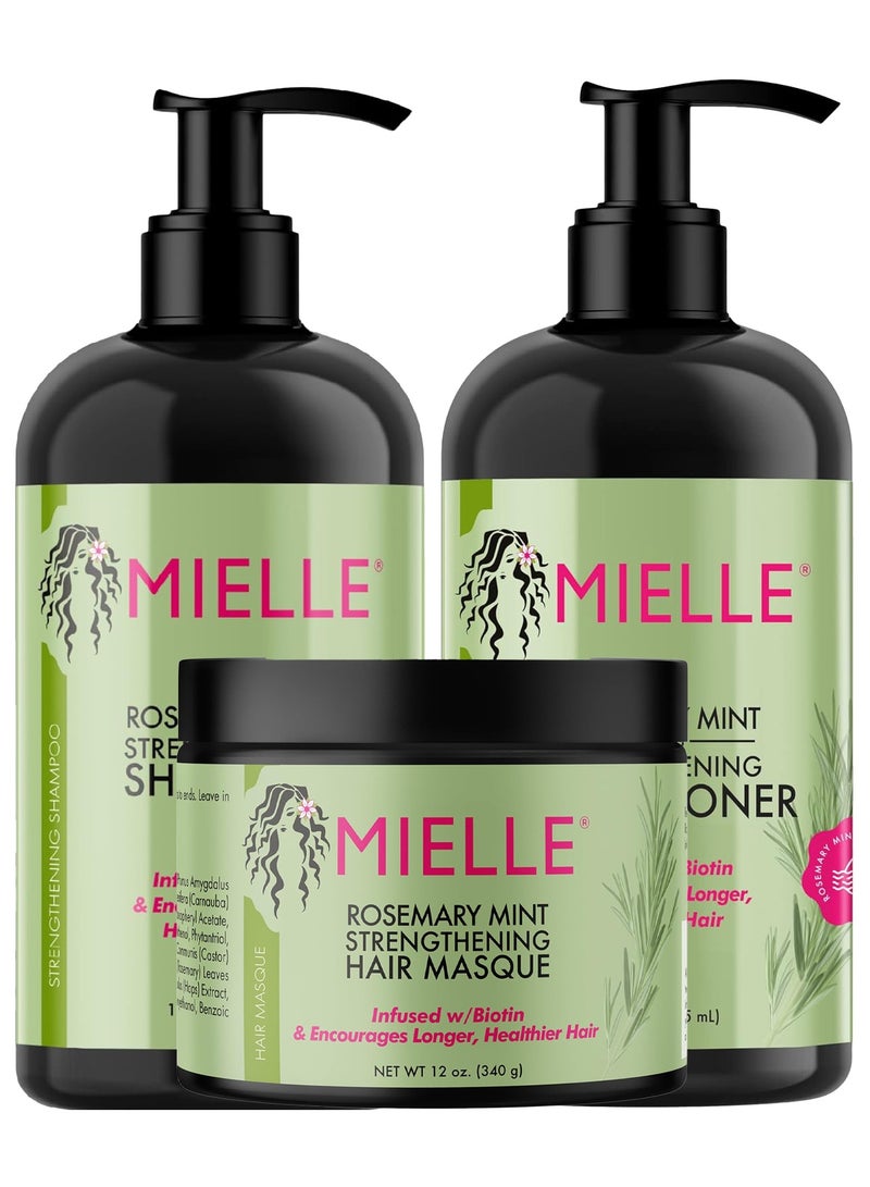 Mielle Organics Rosemary Mint Strengthening Set - Shampoo, Conditioner, Hair Mask - Infused with Biotin, Cleanses and Helps Strengthen Weak and Brittle Hair 355 ml / 12 Oz