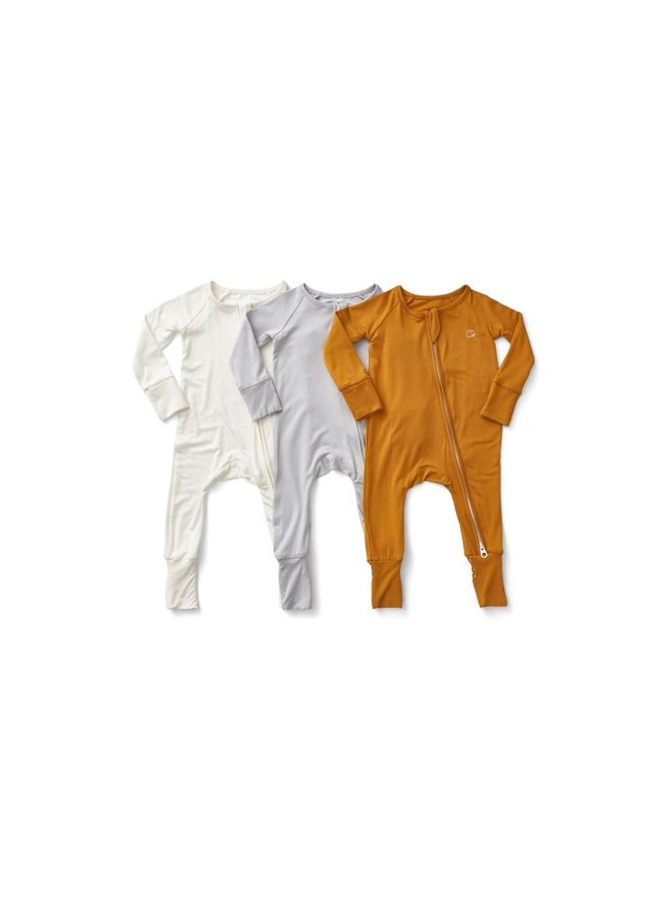 Set of 3 Bamboo Spandex Zipper Sleepsuit White/Grey/Mustard 3-6 months