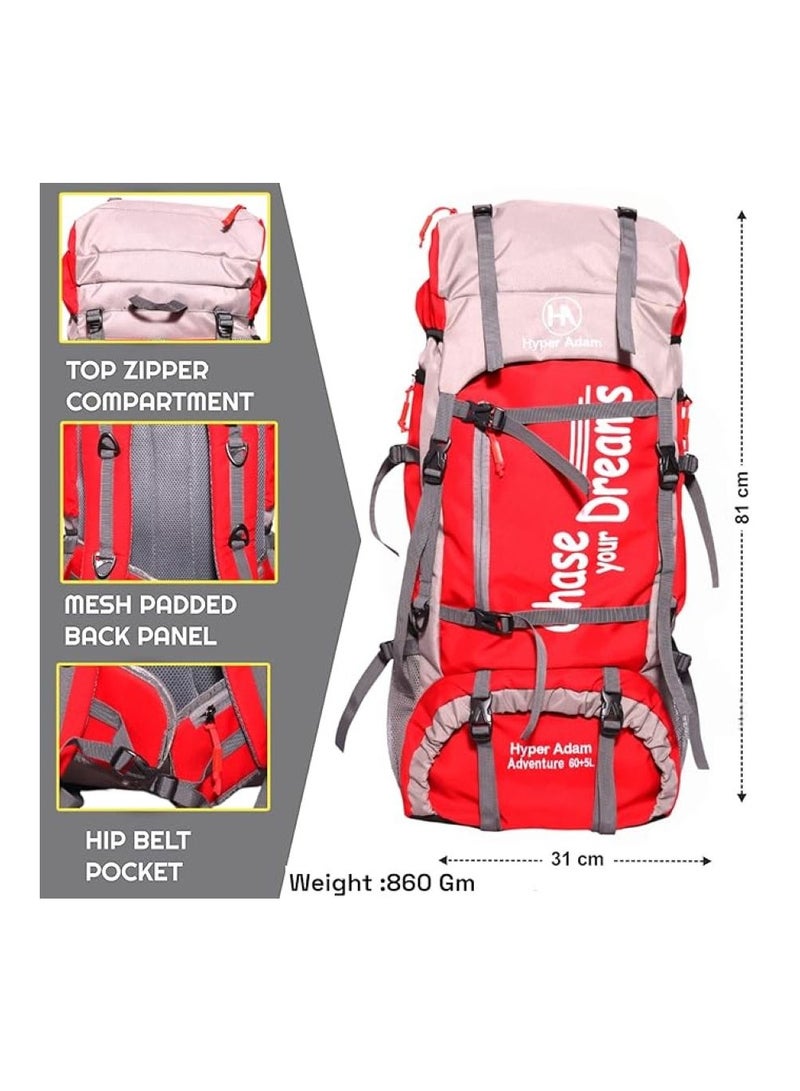 TRAVEL BACKPACK FOR OUTDOOR SPORT HIKING TREKKING BAG CAMPING RUCKSACK - 65 L (Red)
