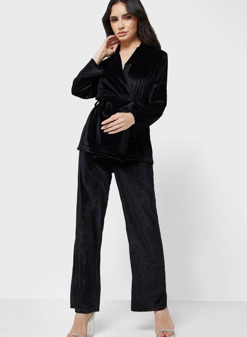 Velvet Belted Blouse And Pant Set