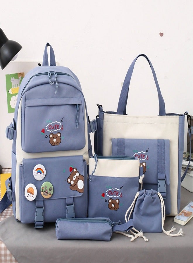 Kawaii Backpack 5Pcs Aesthetic Backpack Cute Kawaii School Bag with Shoulder Bag, Pencil Box, Lunch Bag, Tote Bag，Small Drawstring Bag