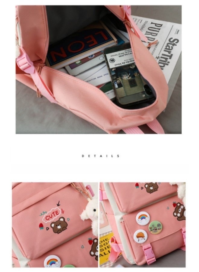 Kawaii Backpack 5Pcs Aesthetic Backpack Cute Kawaii School Bag with Shoulder Bag, Pencil Box, Lunch Bag, Tote Bag，Small Drawstring Bag