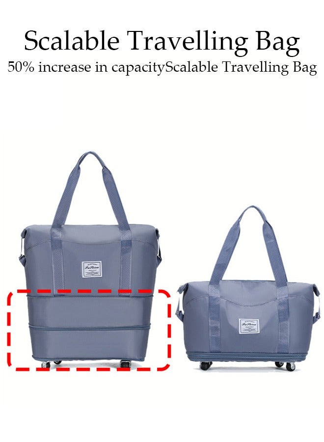 Large Capacity Foldable Luggage Bag Expansion Travel Duffel Bag with Dry and Wet Separation and Universal Wheel Portable Travel Lightweight Waterproof Oxford Duffel Fabric Bag for Weekender Sports Gym