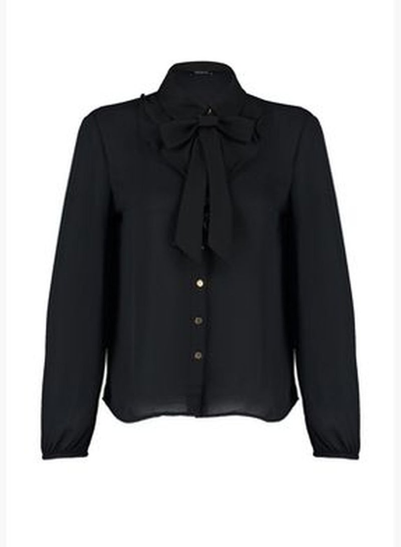 Black Woven Shirt with Detachable Bow TWOAW24GO00164