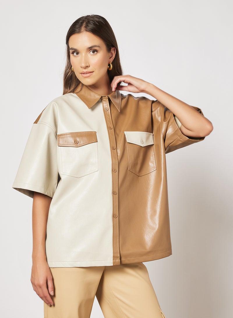 Two-Tone Oversized Faux Leather Shirt Multicolor