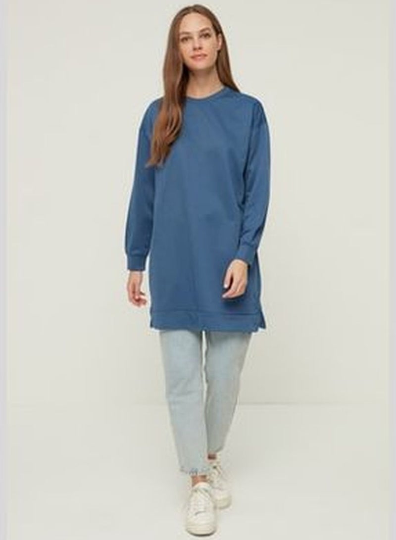 Indigo Crew Neck Slit Detailed Basic Knitted Sweatshirt TCTAW22TW0138