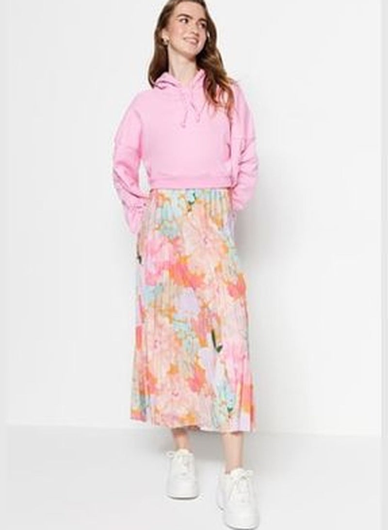Multi-Colored Floral Patterned Pleated, Elastic Waist Woven Skirt TCTSS23EE00018