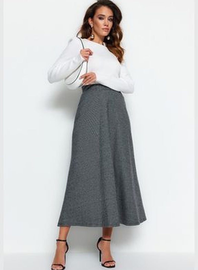 Gray High Waist A-Line Knitted Skirt With Button Closure TCTAW23EE00052