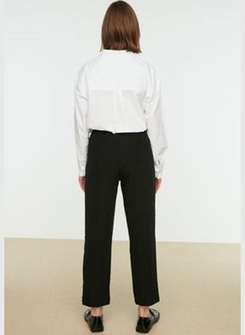 Black Rib Detailed Straight Cut Woven Trousers with Elastic Waist TCTSS21PL0570