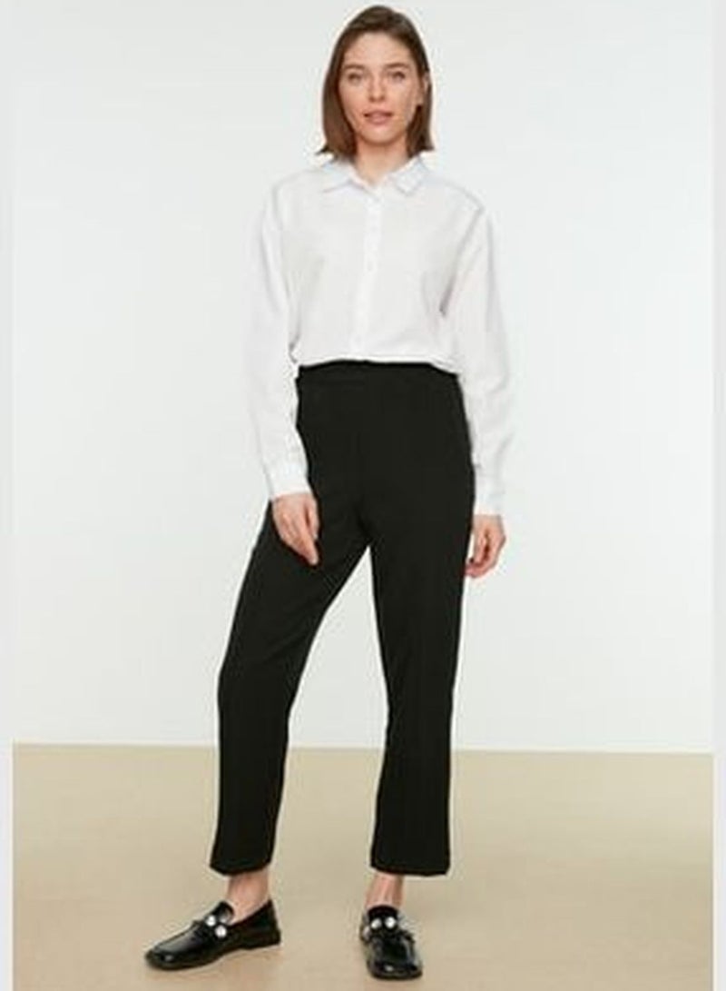 Black Rib Detailed Straight Cut Woven Trousers with Elastic Waist TCTSS21PL0570