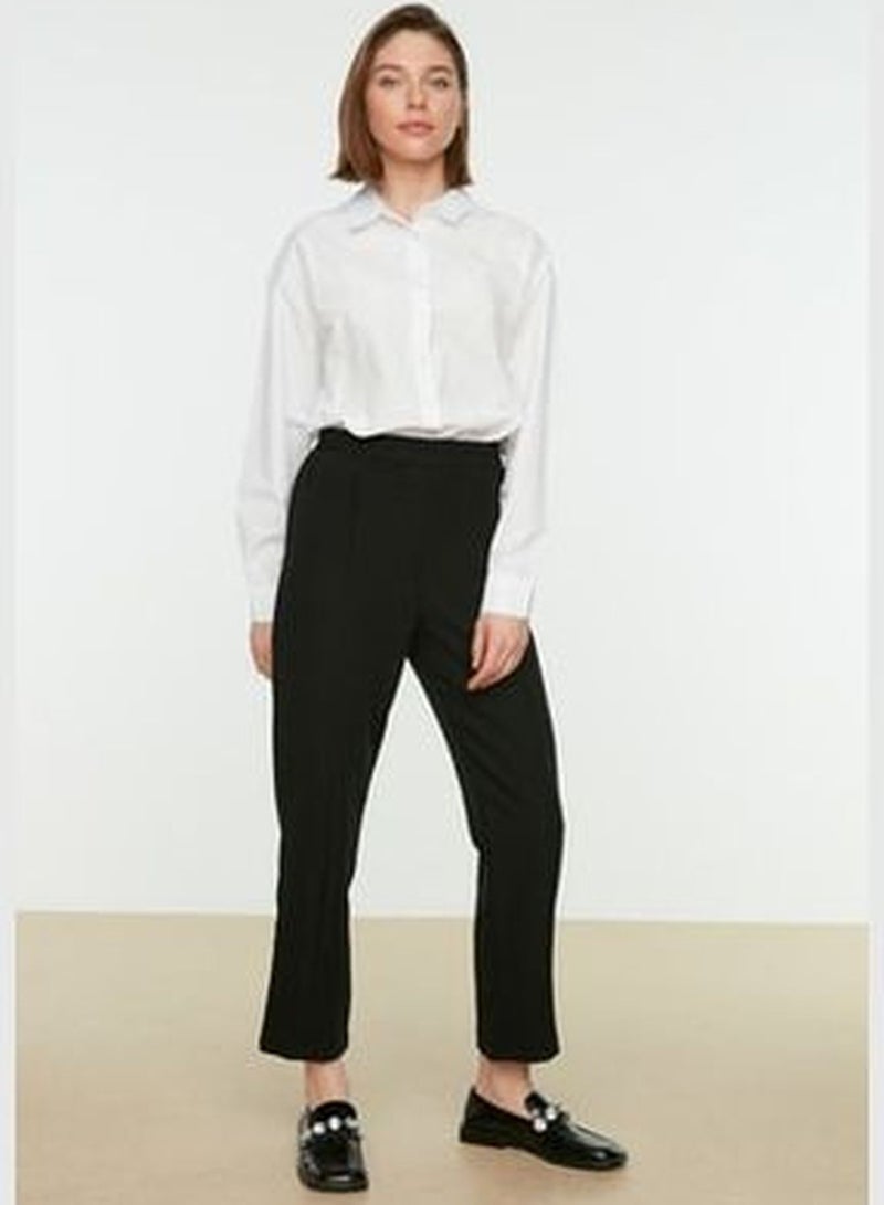 Black Rib Detailed Straight Cut Woven Trousers with Elastic Waist TCTSS21PL0570