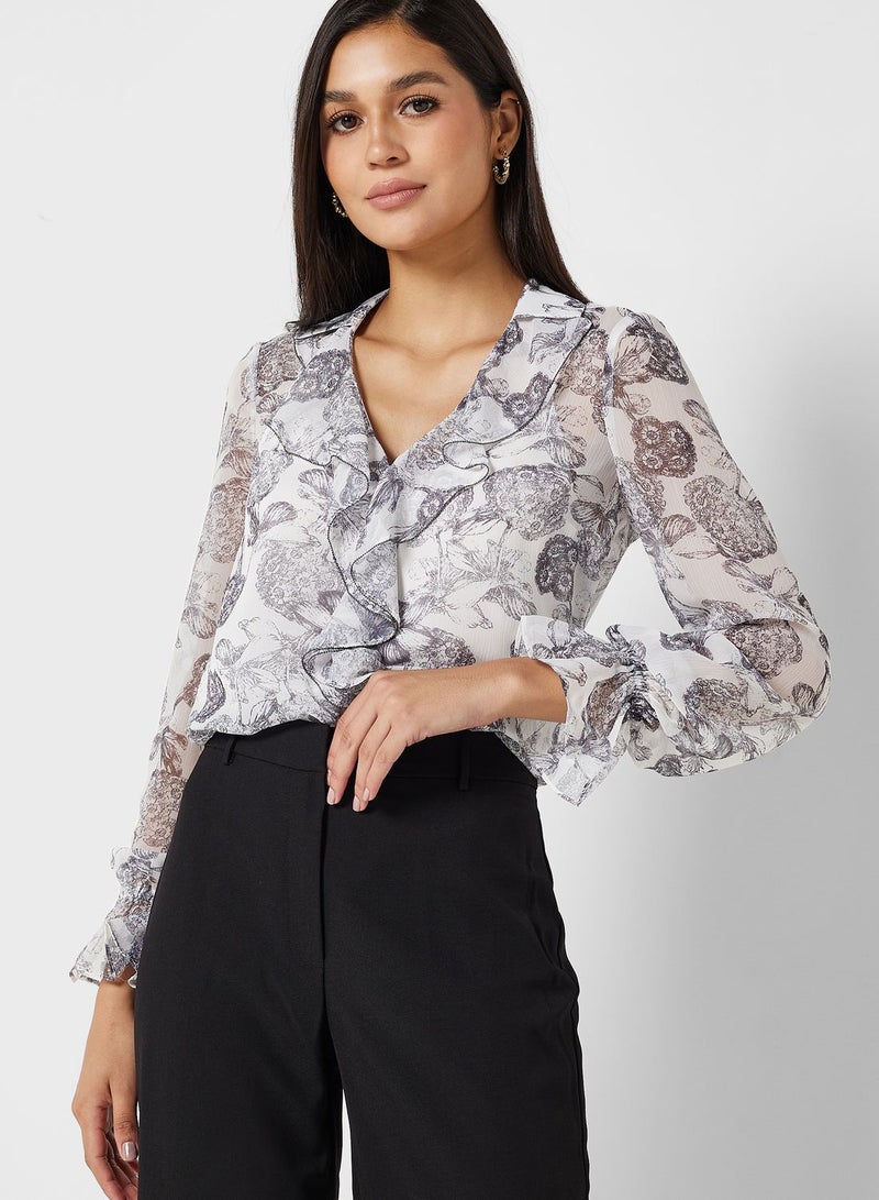 Printed Ruffle Detail Top