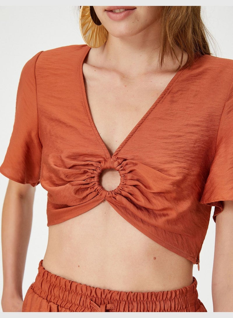 Cut Out Detail V Neck Short Sleeve Crop Blouse