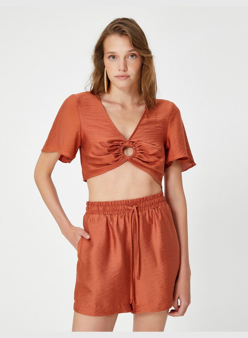 Cut Out Detail V Neck Short Sleeve Crop Blouse