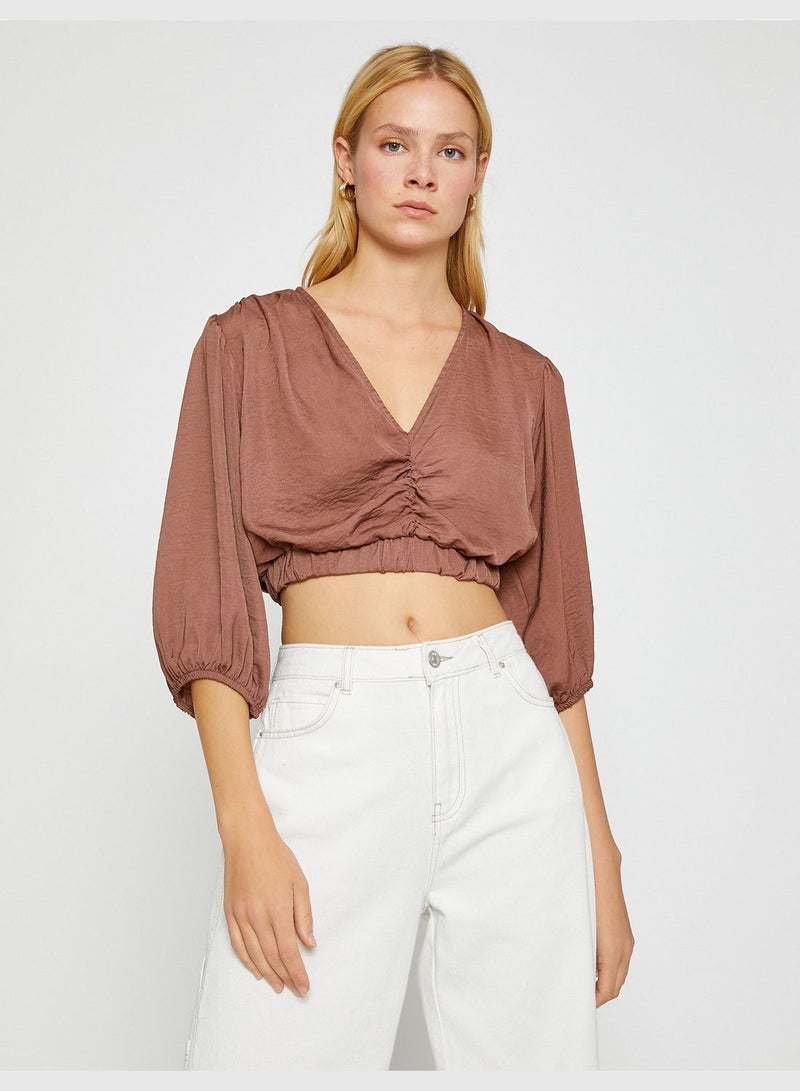 Crop Blouse V Neck Puff Sleeve