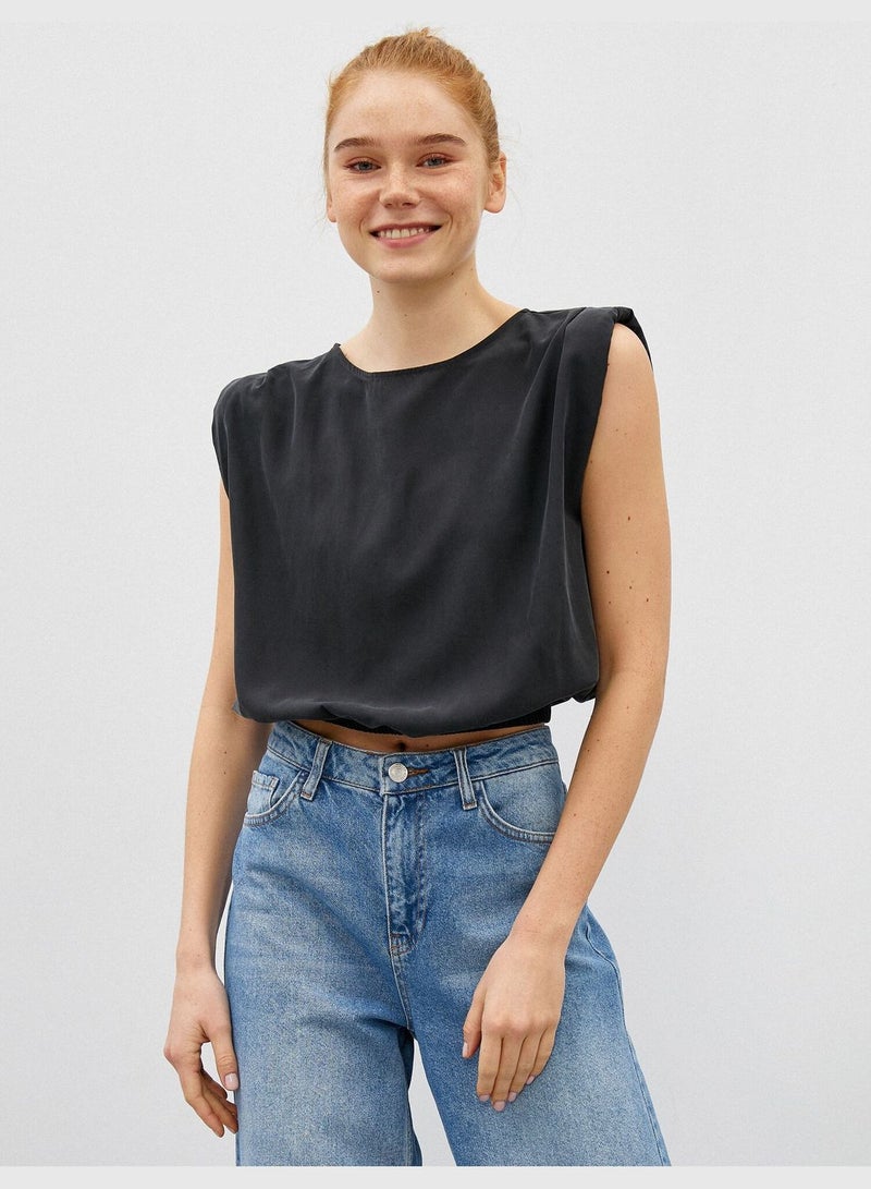 Shoulder Pad Blouse Crew Neck Short Sleeve