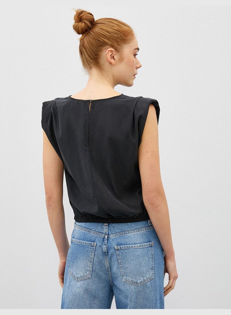 Shoulder Pad Blouse Crew Neck Short Sleeve