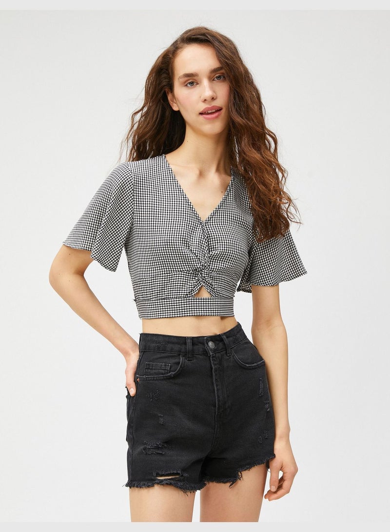 V Neck Cut Out Crop Blouse