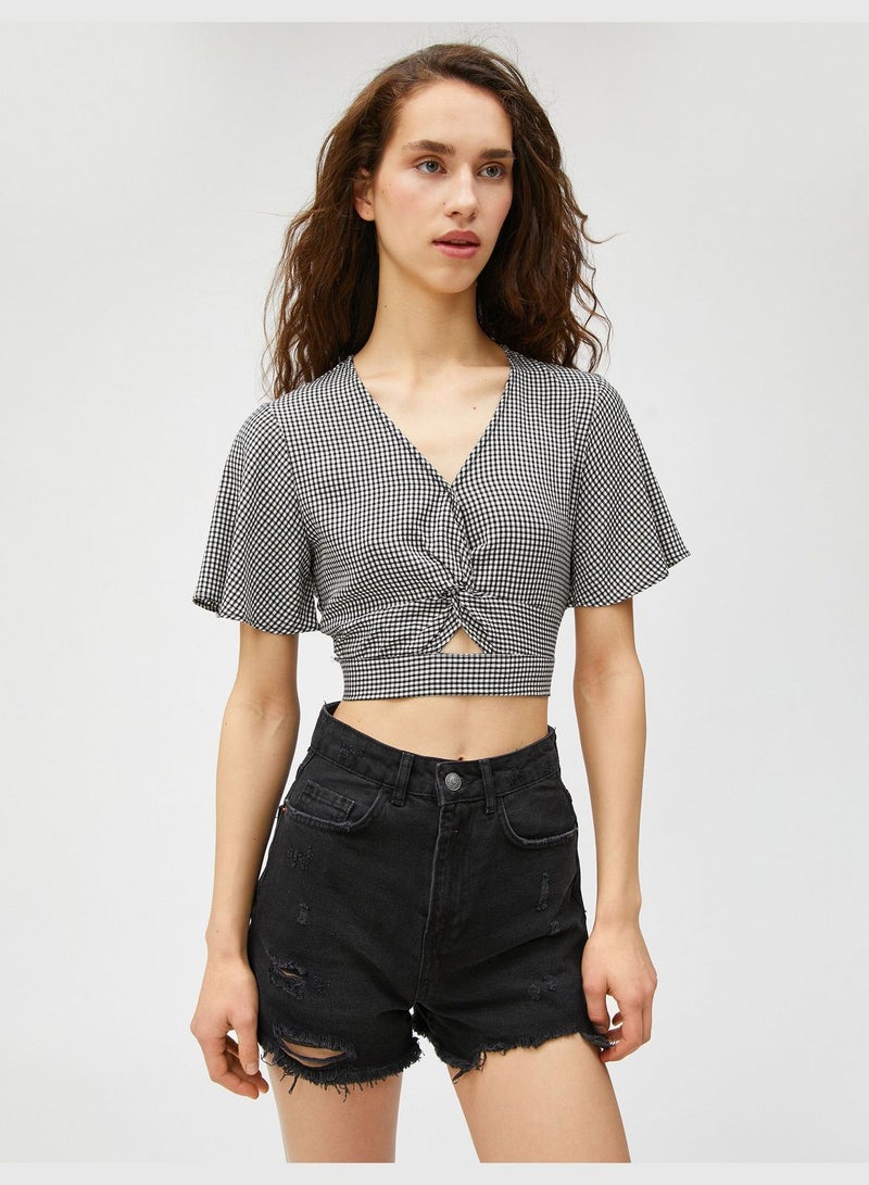 V Neck Cut Out Crop Blouse