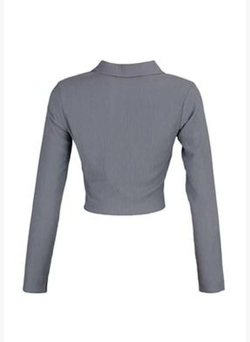 Gray Knitted Blouse with Buttons/Fitted Polo Neck Creme/Textured Crop TWOAW22BZ0241