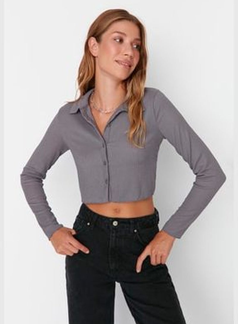 Gray Knitted Blouse with Buttons/Fitted Polo Neck Creme/Textured Crop TWOAW22BZ0241