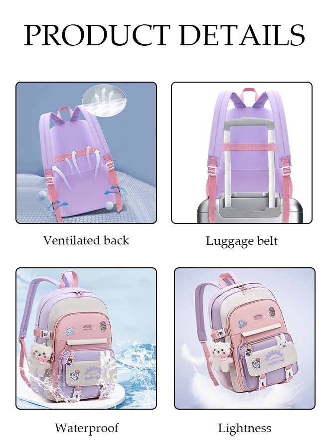 Girl's School Backpack Waterproof Book Bag with Compartments and Doll Pendant for Teen Girl Kid Students Elementary School Kids' School Bag With Large Capacity