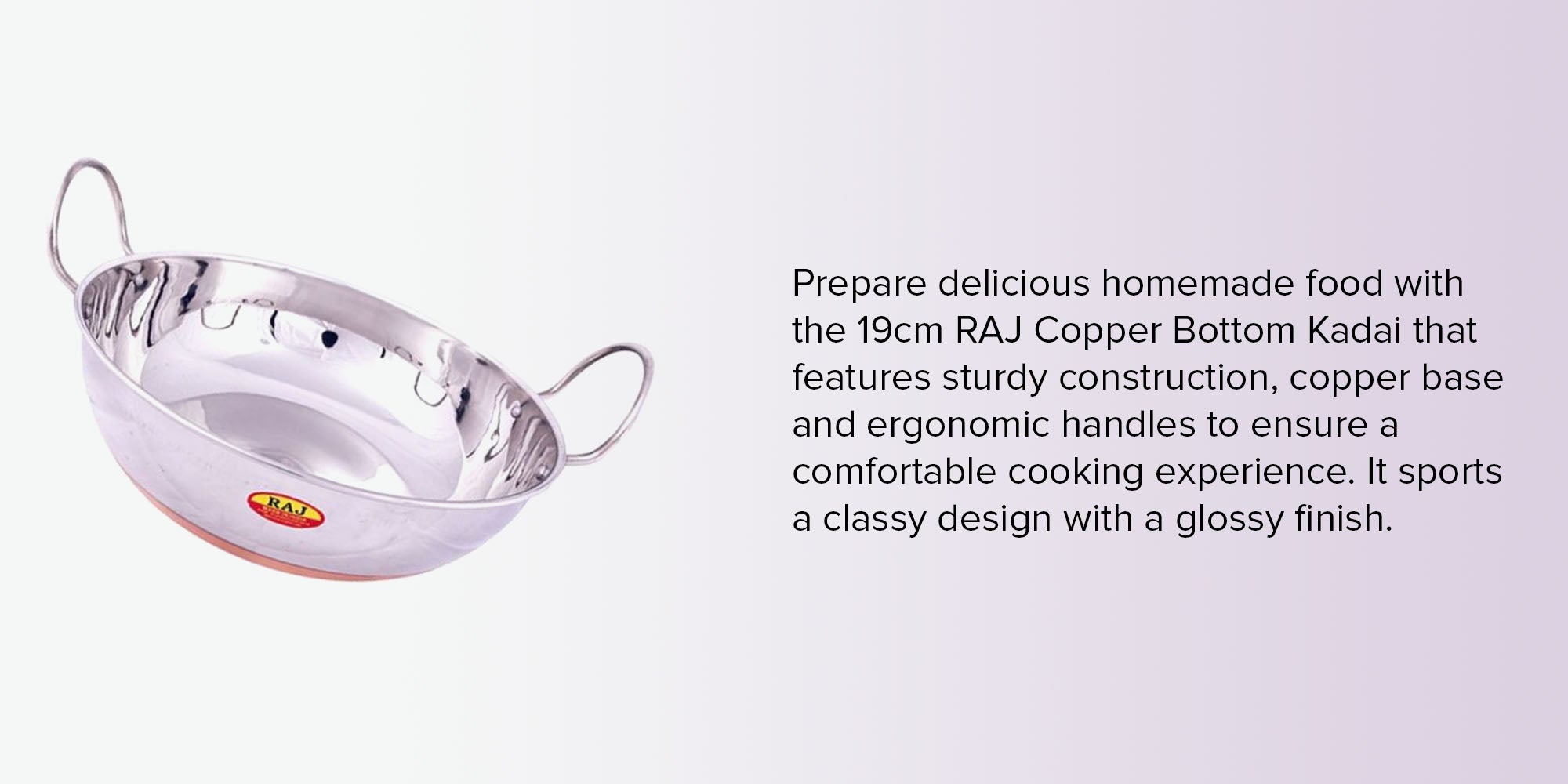 RAJ Copper Bottom Kadai Cooking Pot with Double Handle, CBK002 - 19 cm, Deep Frying pot, Mixing Pot, Roasting Pot Copper 19cm