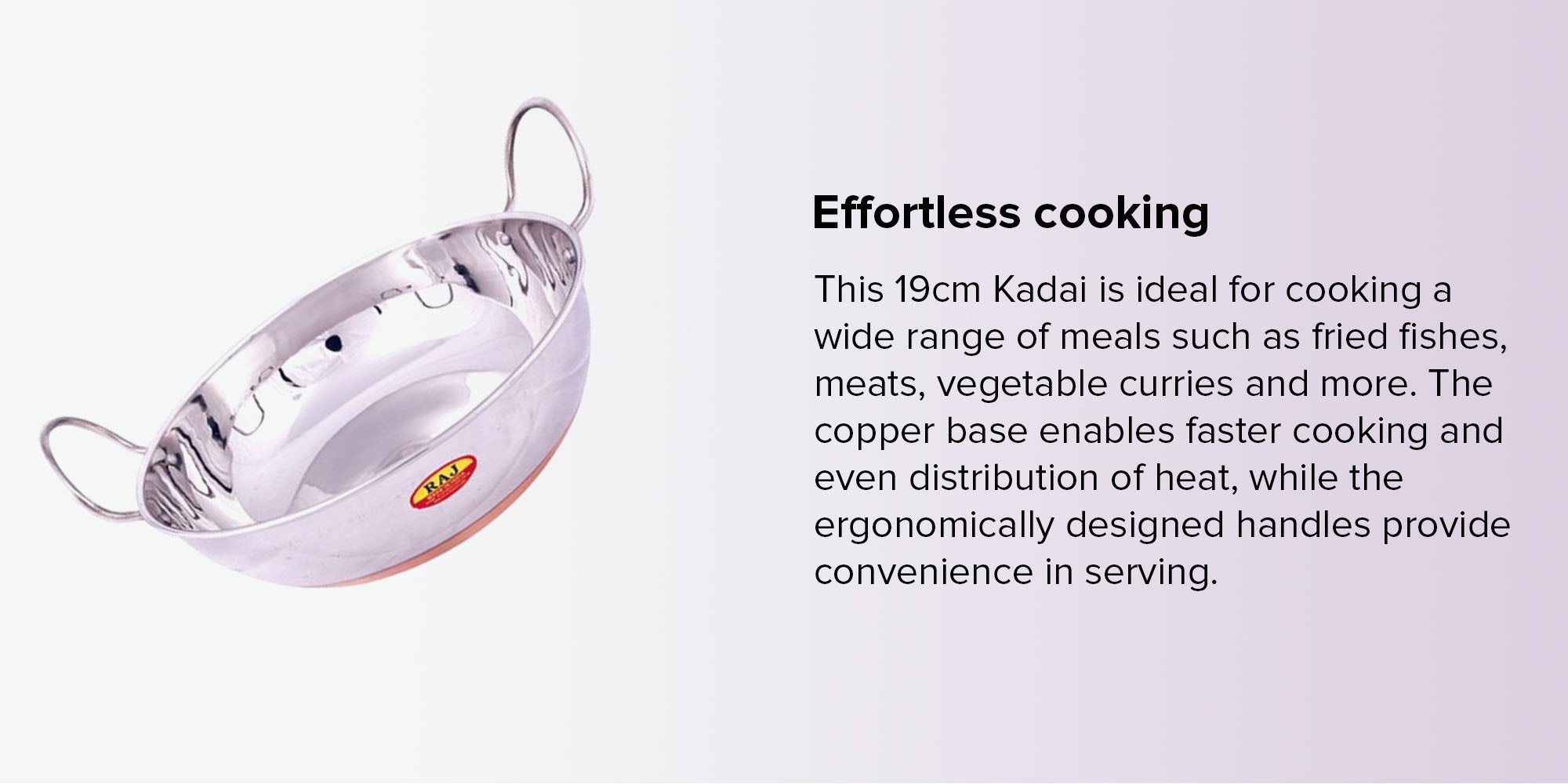 RAJ Copper Bottom Kadai Cooking Pot with Double Handle, CBK002 - 19 cm, Deep Frying pot, Mixing Pot, Roasting Pot Copper 19cm