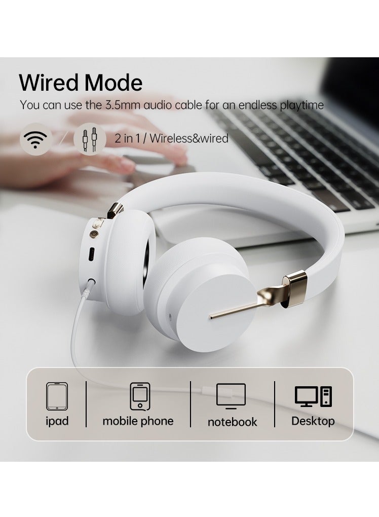 P3 Wireless Bluetooth 5.0 Headphones, HD Stereo Sound Over Ear Headphones with Built-In Microphones, Deep Bass, 60 Hours Playtime, Fast Charge Foldable Headphones for PC/Home (White)