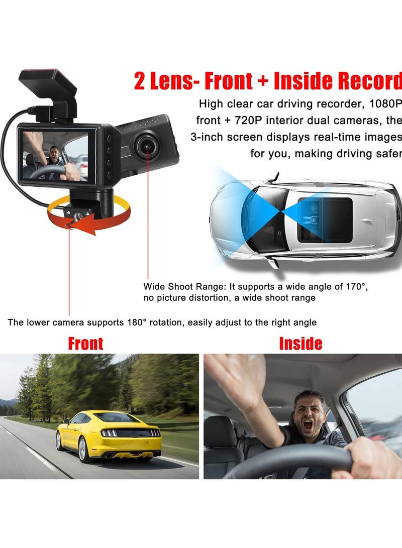1080P DVR Dash Camera Front & Inside Dual Camera Driving Recorder 3 Inch Screen Dashcam