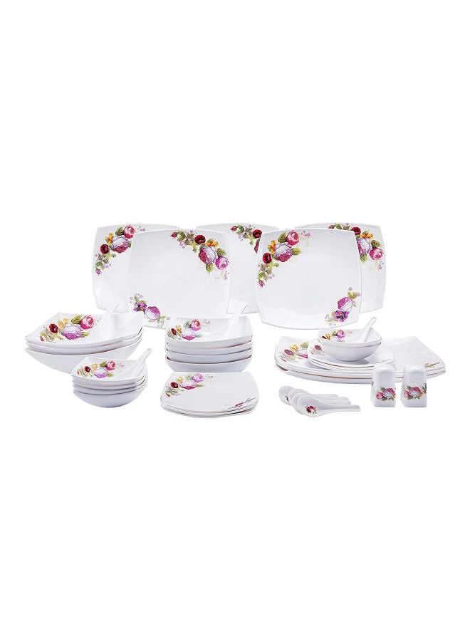 71-Piece Dinner Set White/Pink 3xSquare Serving Plate(15cm), 12xSquare Dinner Plates (13cm), 12xSquare Soup Plates (10 cm), 12xSquare Dessert Plates (8.5 cm), 3xSquare Serving Bowls (11.5 cm), 12xSquare Salad Bowls (6.5 cm), 12xSoup Spoon, 3xRice Spoon, 2xPepper And Saltinch