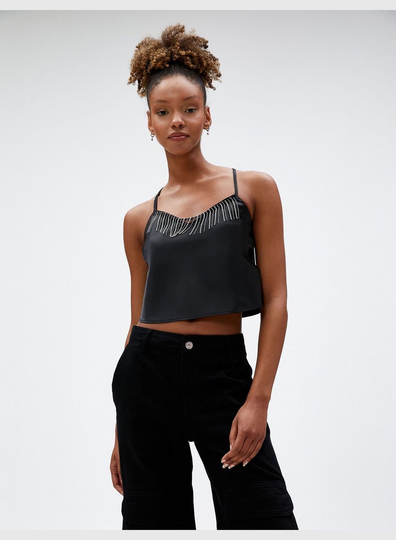 Satin Crop Glitz Stone Detail Spaghetti Strappy Tank Top