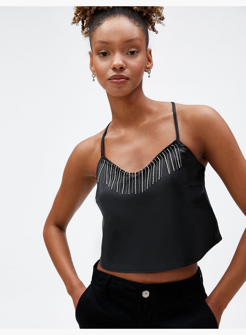 Satin Crop Glitz Stone Detail Spaghetti Strappy Tank Top