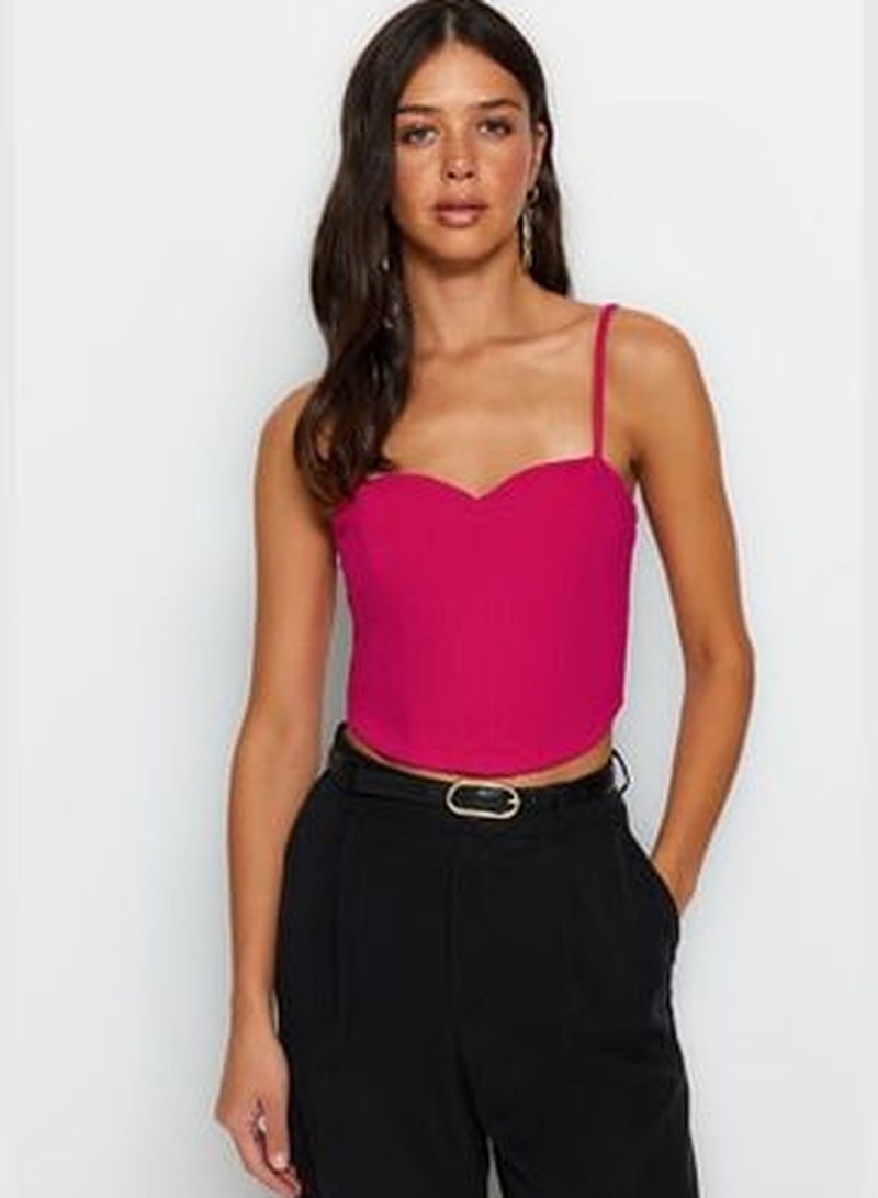 Fuchsia Fitted Crepe Knitted Bustier with Crop Straps TWOSS23BS00036