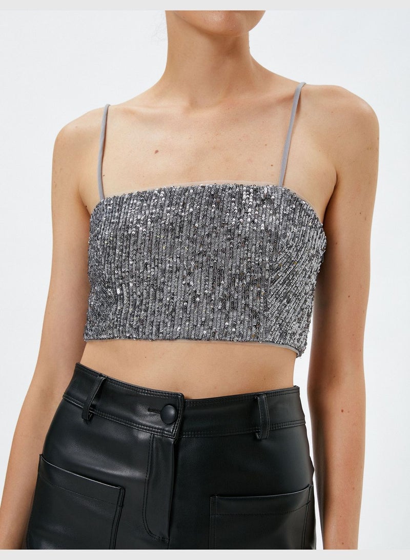 Crop Tank Top Sequined Spaghetti Straps Slim Fit