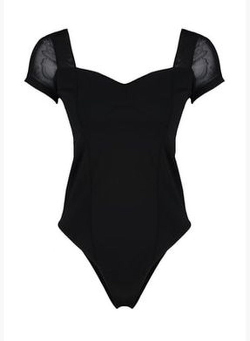Black Tulle Detailed Sweetheart Neck Crepe Knitted Body With Snaps TWOSS23BD00072
