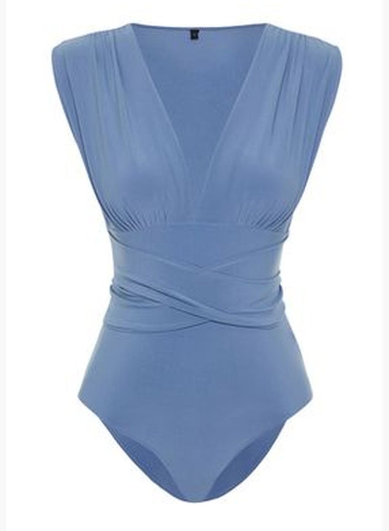 Blue Lacing Detailed V-Neck Fitted Flexible Snap Fastener Knitted Bodysuit TWOSS23BD00055