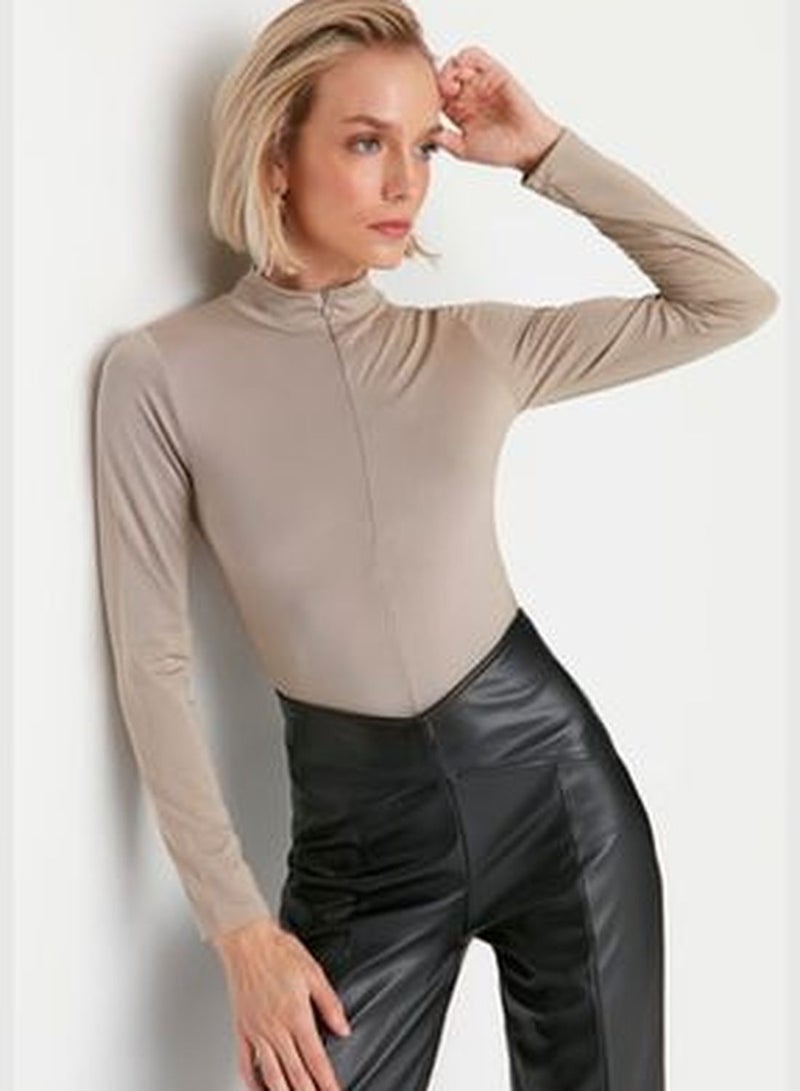 Mink Zipper Standing Collar Long Sleeved Flexible Knitted Bodysuit TWOAW21BD0070