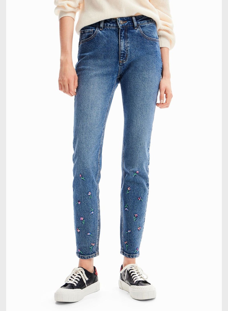 Embroidered Button Detail Jeans
